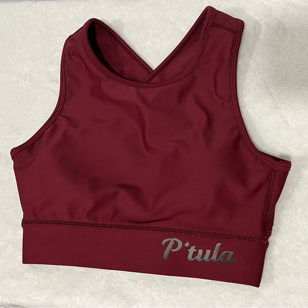 P'tula Araceli Fierce Cross Back Crop Top in a maroon